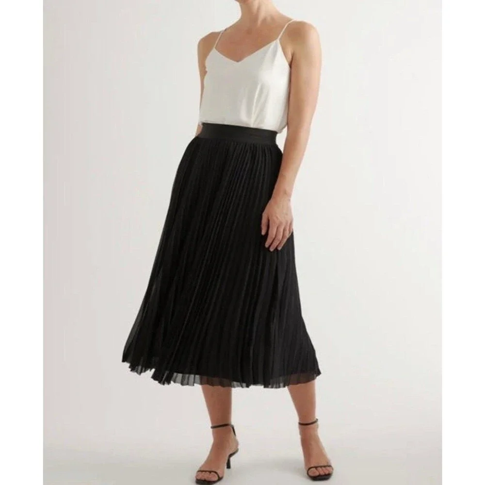 Quince Chiffon Pleated Midi Skirt Black Elastic Waist XS NWT Office Career Work